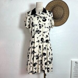 Midnight Hour Hot Topic Cream Skull & Rose Collared Dress M - Goth Grunge A-Line